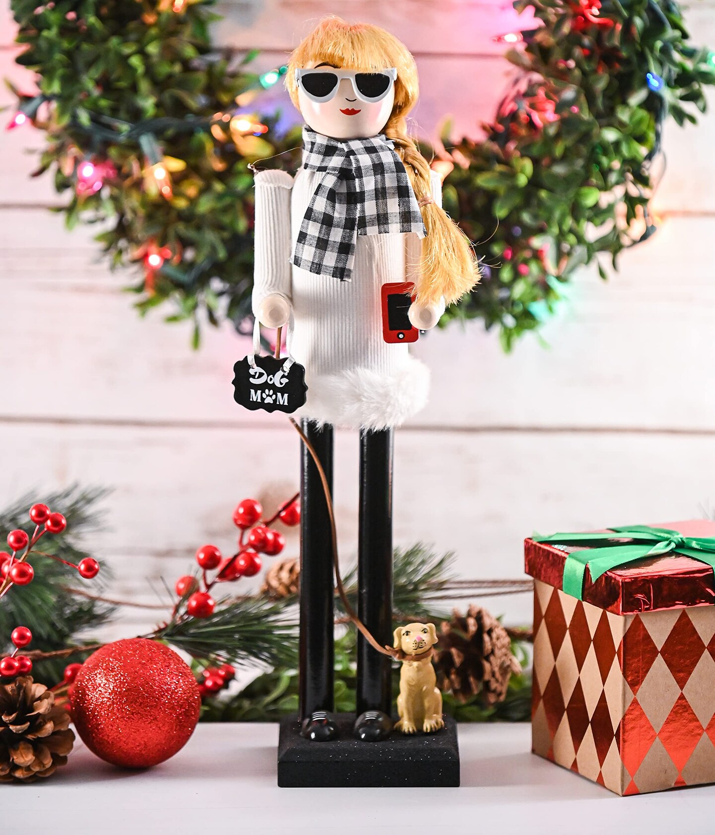 Ornativity Christmas Dog Mom Nutcracker &#x2013; White and Black Wooden Nutcracker Woman with Dog on Leash and a Smartphone in Hand Xmas Themed Holiday Nut Cracker Doll Figure Decorations