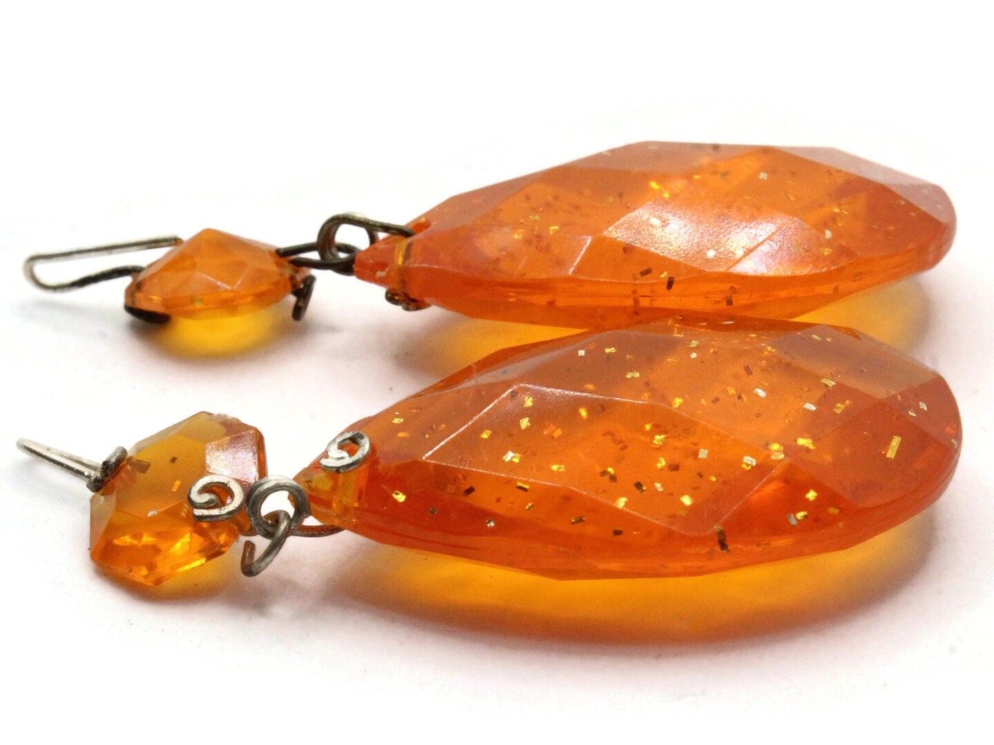 2 64mm Clear Orange with Embedded Glitter Vintage Plastic Teardrop Pendant - Chandelier Dangle