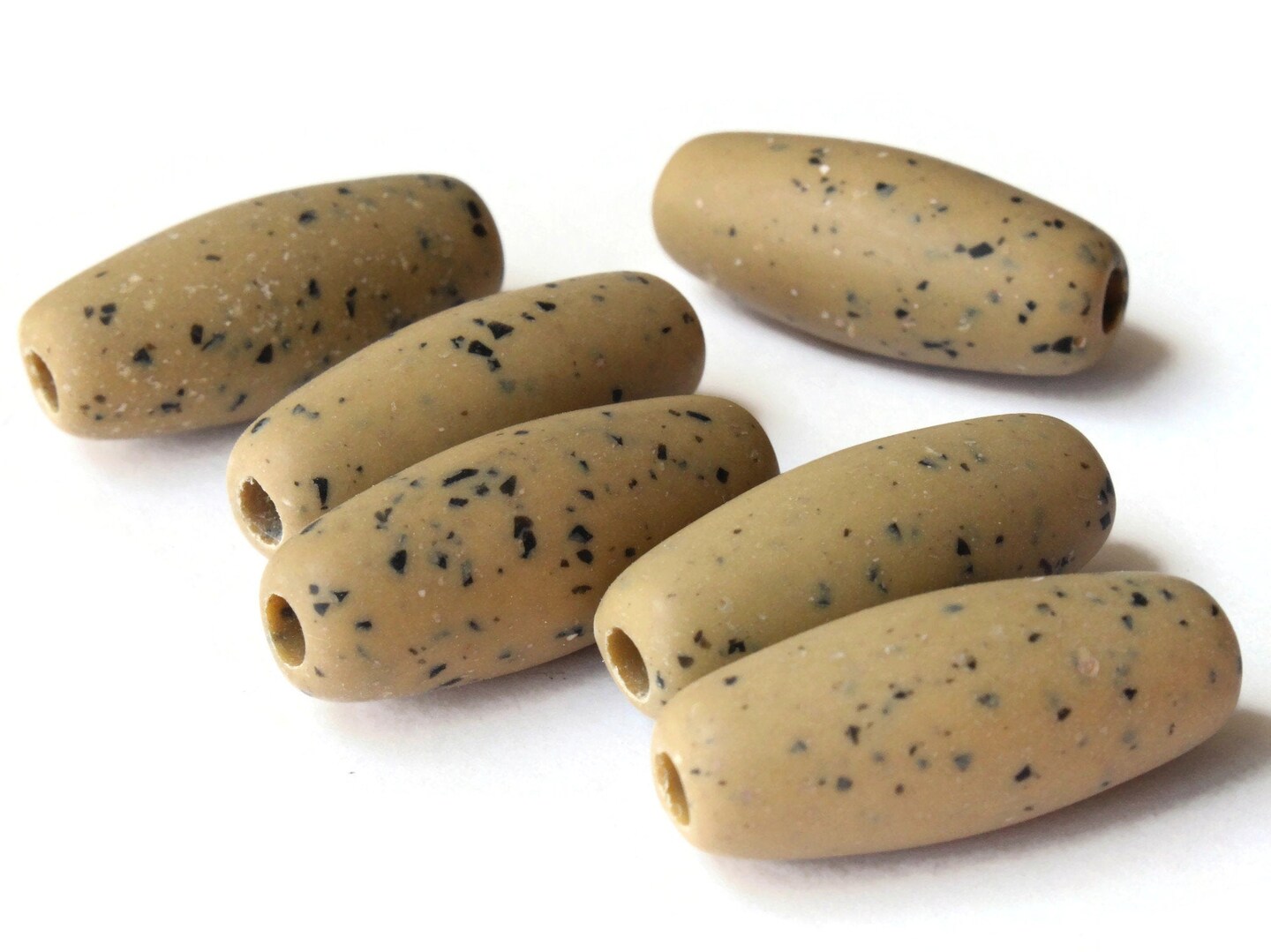 6 34mm Tan Tube Beads with Black Specks Vintage Large Hole Beads