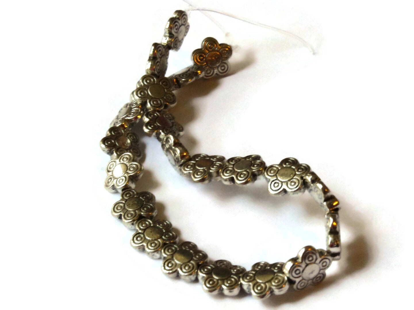 22 10mm Metal Flower Beads Silver Flat Round Beads