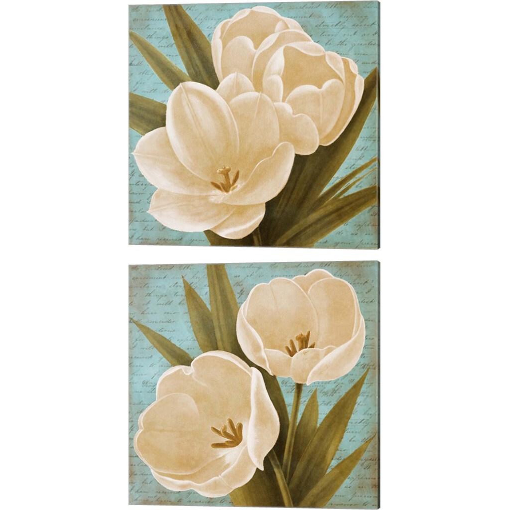 Morning Tulips on Blue by Vivien Rhyan 14" x 14" Canvas Wall Art (Set of 2)