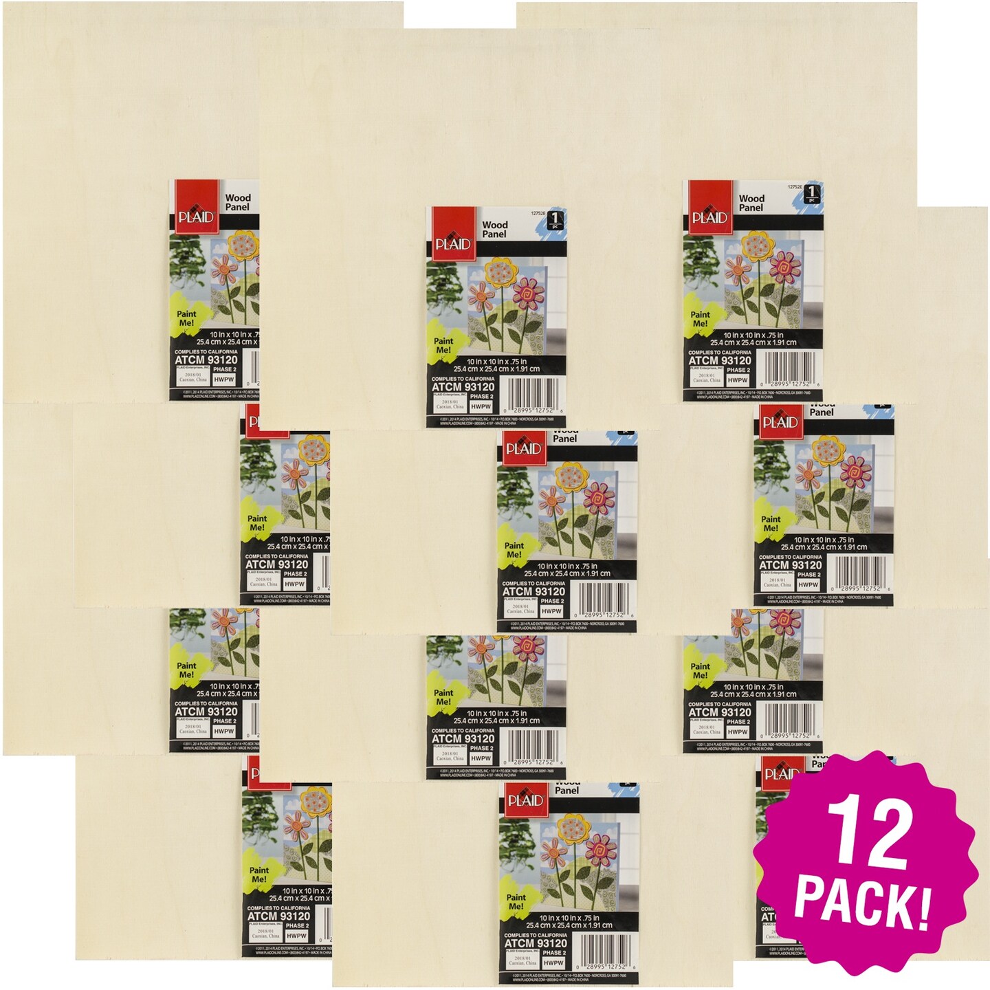 Multipack of 12 - Wood Canvas Panel-10&#x22;X10&#x22;