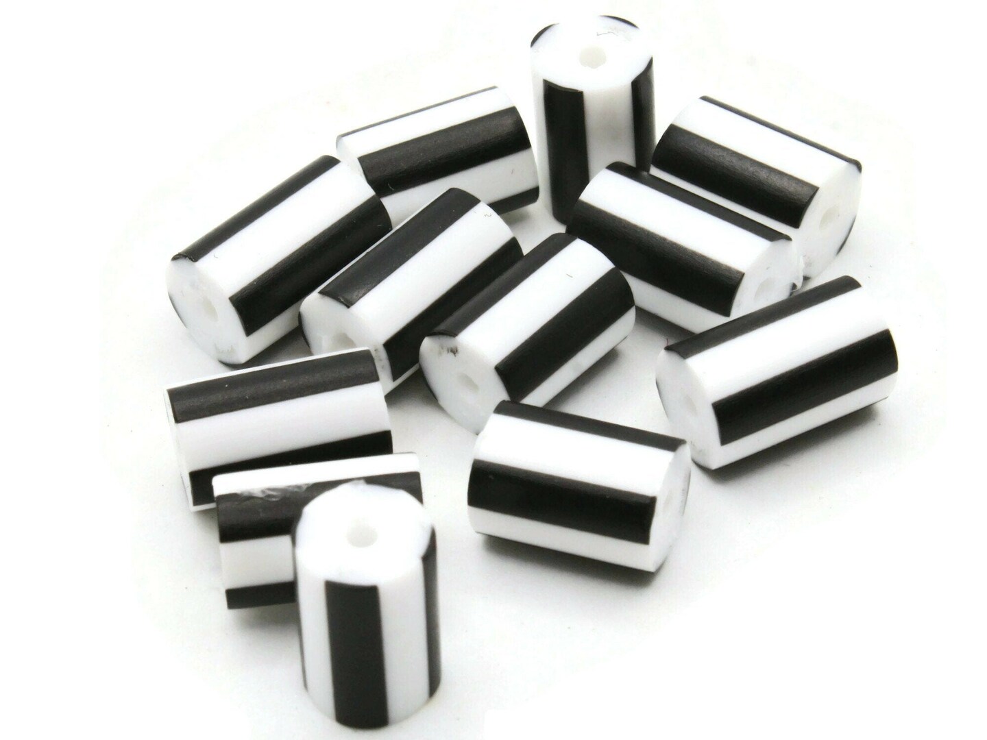 12 12mm to 14mm Black and White Striped Vintage Plastic Tube Beads bF1
