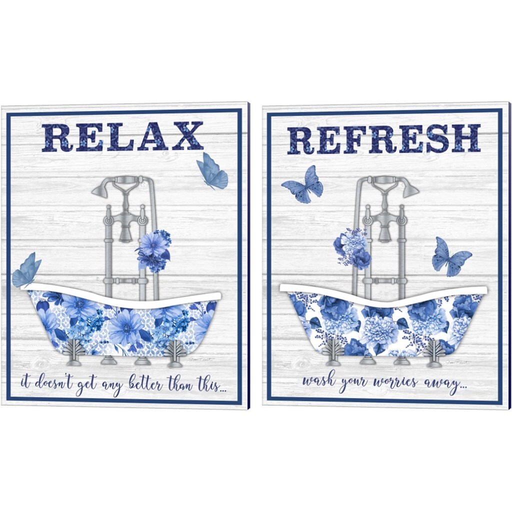Blue Floral Bath Art by Jean Plout 12" x 15" Canvas Wall Art (Set of 2