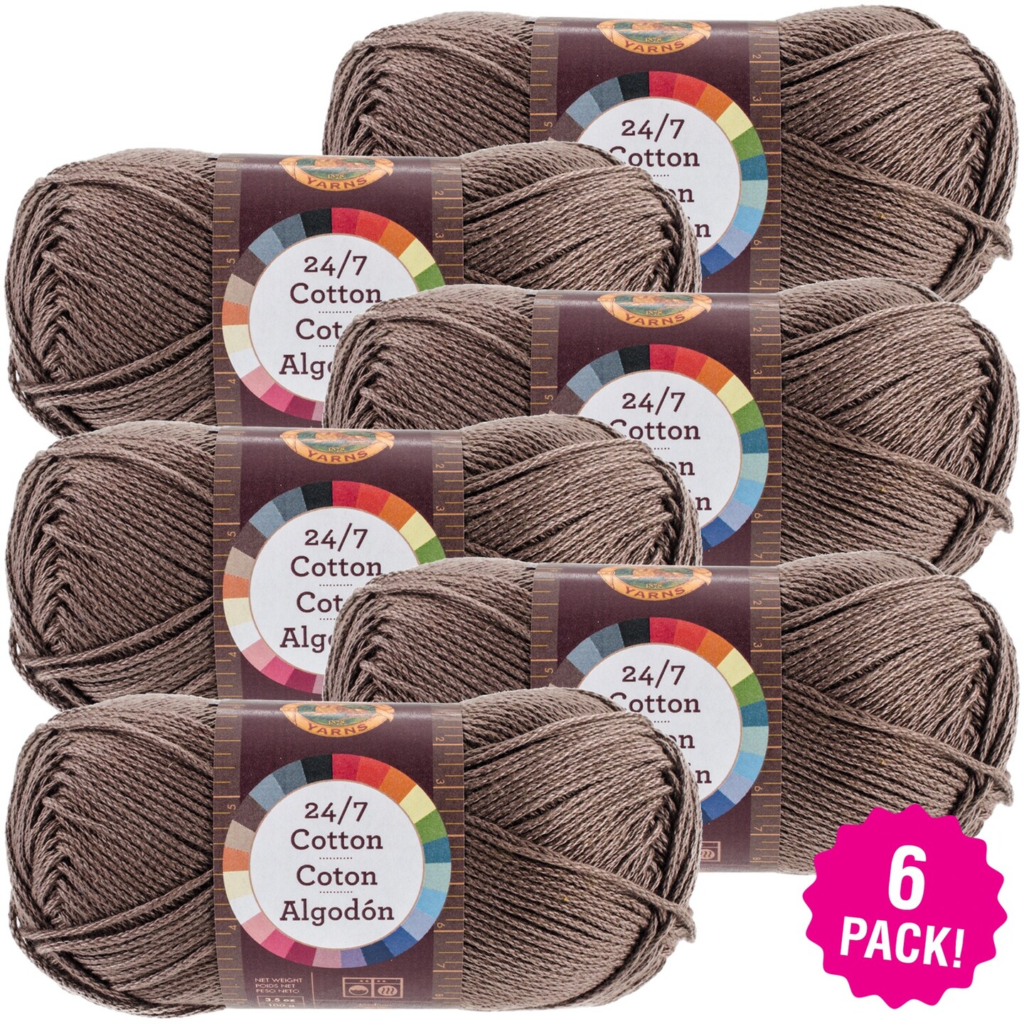 (6 Pack) Lion Brand 24/7 Cotton Yarn - Caf&#xFFFD; Au Lait