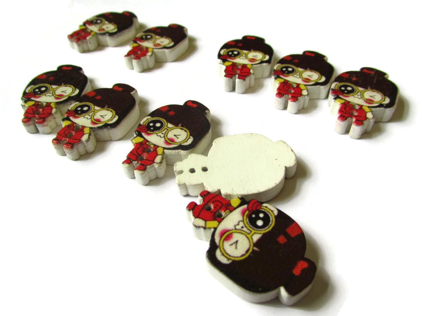 10 29mm 2 Hole Wooden Buttons Brown Hair Girl with Red Overalls and a Yellow Shirt