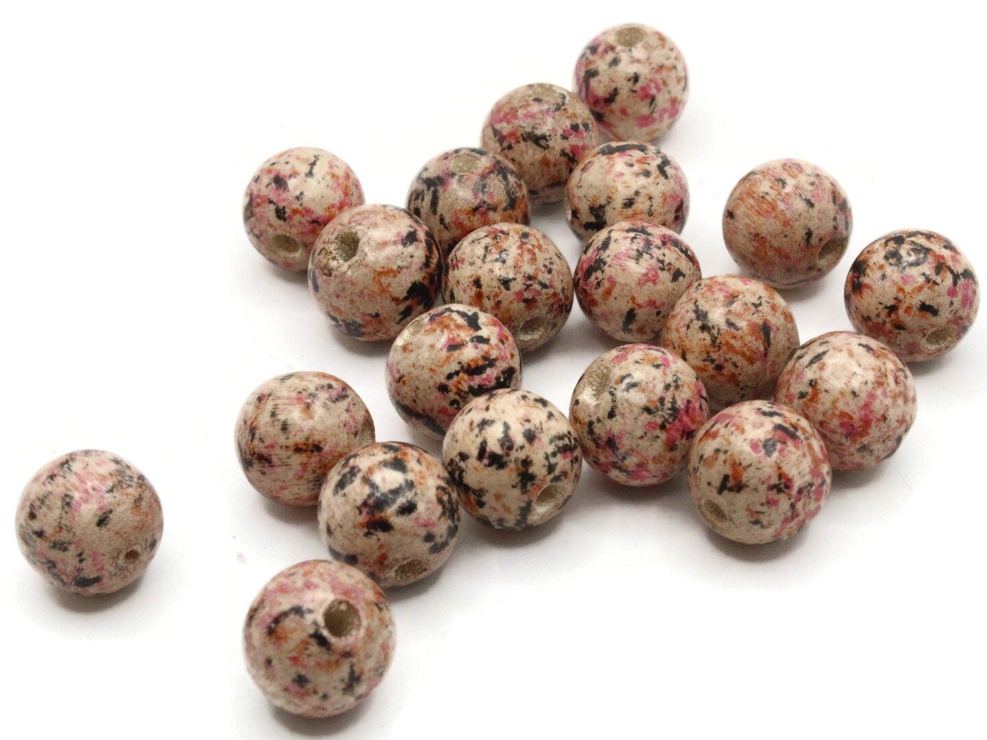 20 12mm Round Pink Splatter Paint Wooden Ball Beads
