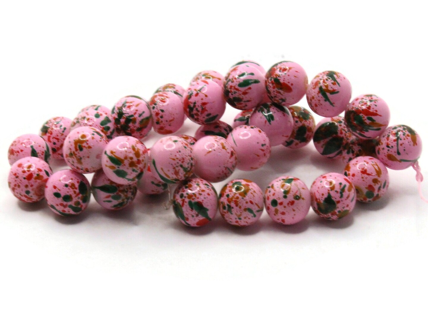 40 10mm Pink with Red and Green Splatter Paint Smooth Round Glass Beads