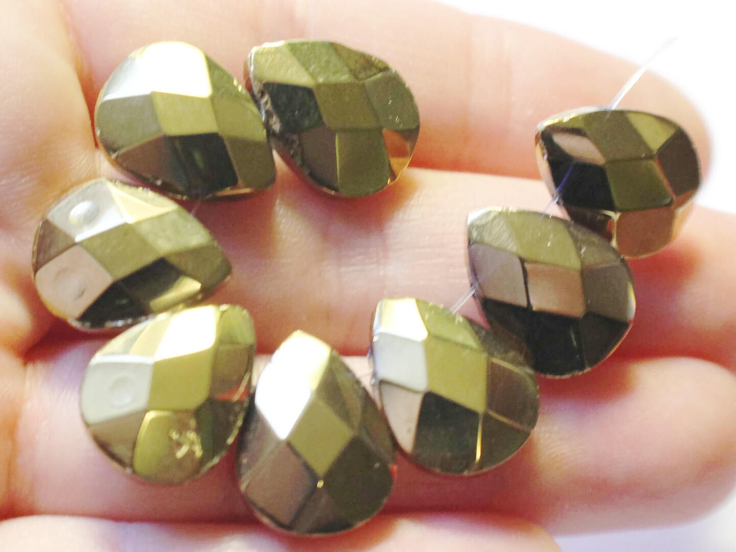 8 16mm Gold Glass Faceted Briolette Beads - Flat Faceted Teardrop Beads