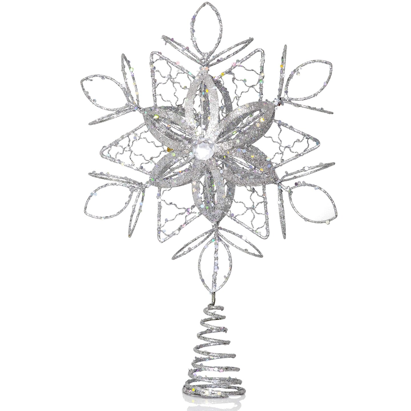 Ornativity Flower Snowflake Tree Topper - Christmas Glitter Silver Flower Snow Flake Star Ornament Treetop Decoration