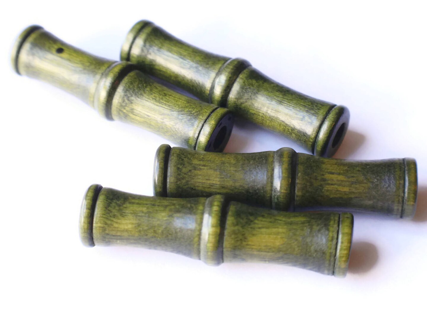4 61mm Vintage Green Wood Tube Beads - Large Hole Macrame Beads