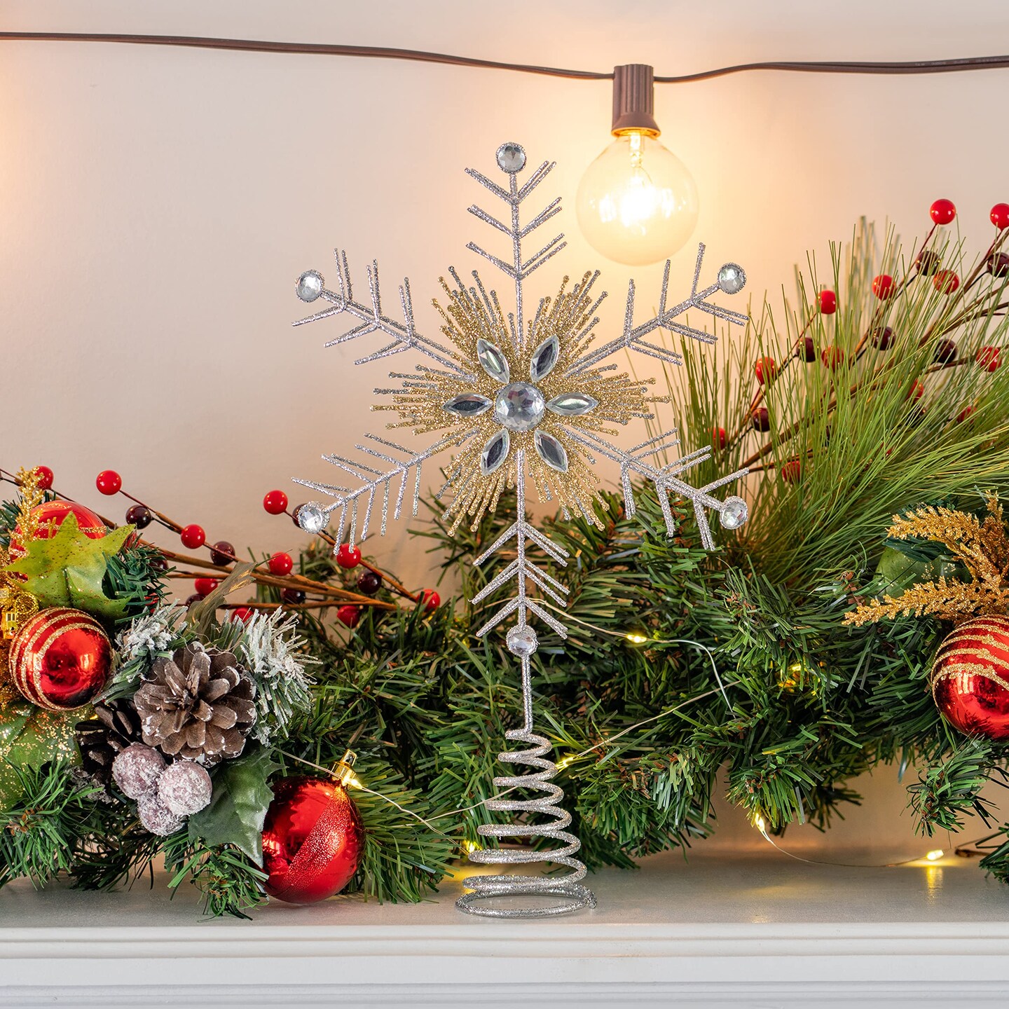 Ornativity Glitter Snowflake Tree Topper &#x2013; Silver and Gold Bare Branches Styled Sparkling Gem Detailed Christmas Star Tree Top Ornament Decorations