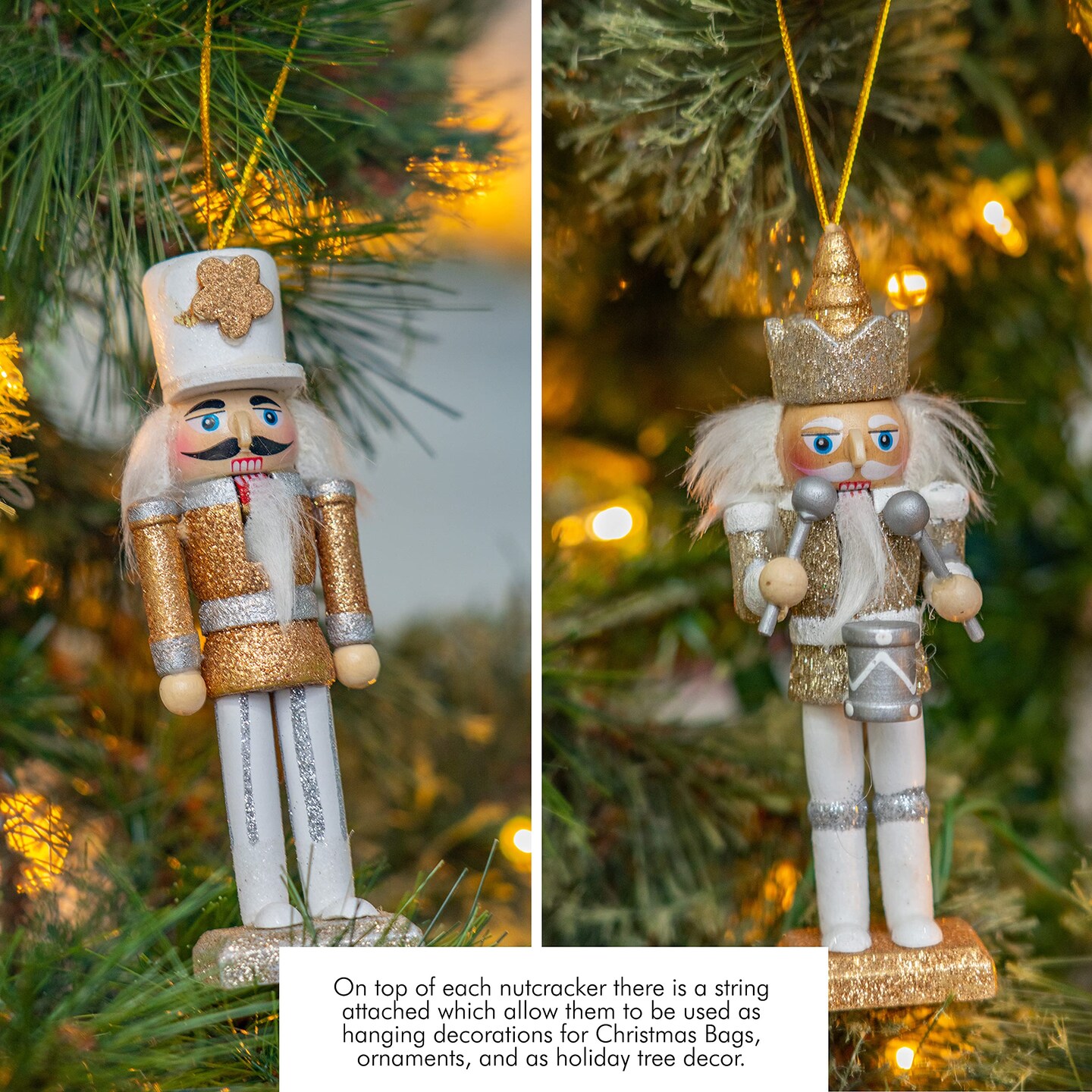 Ornativity Nutcracker Hanging Ornament Figures – Gold and Silver Glittered Christmas Mini Wooden King and Soldier Nutcrackers Xmas Tree Ornament Set – 5 Pieces