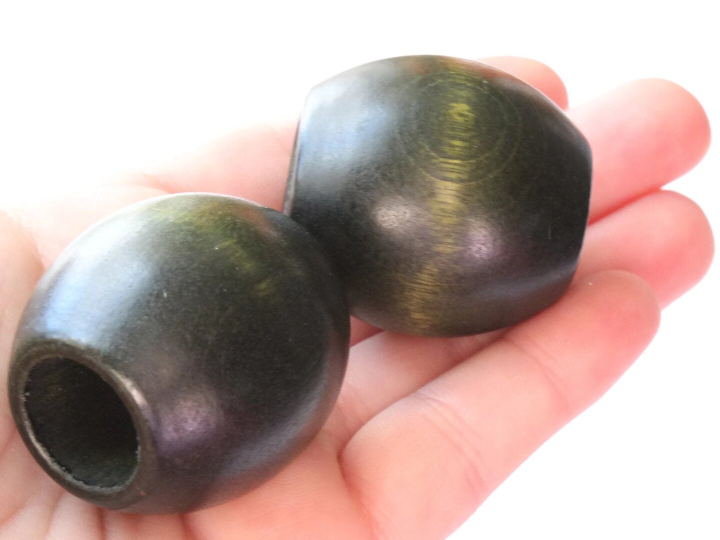 2 36mm Green Wood Oval Large Hole Beads Vintage Wooden Barrel Beads Chunky Macrame Beads