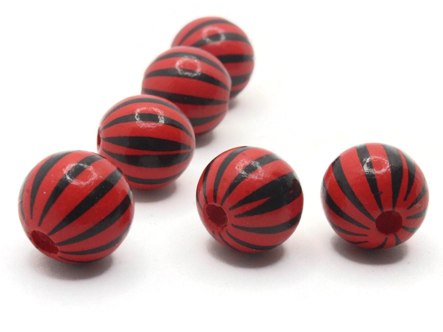 6 15mm Red and Black Striped Round Wood Beads