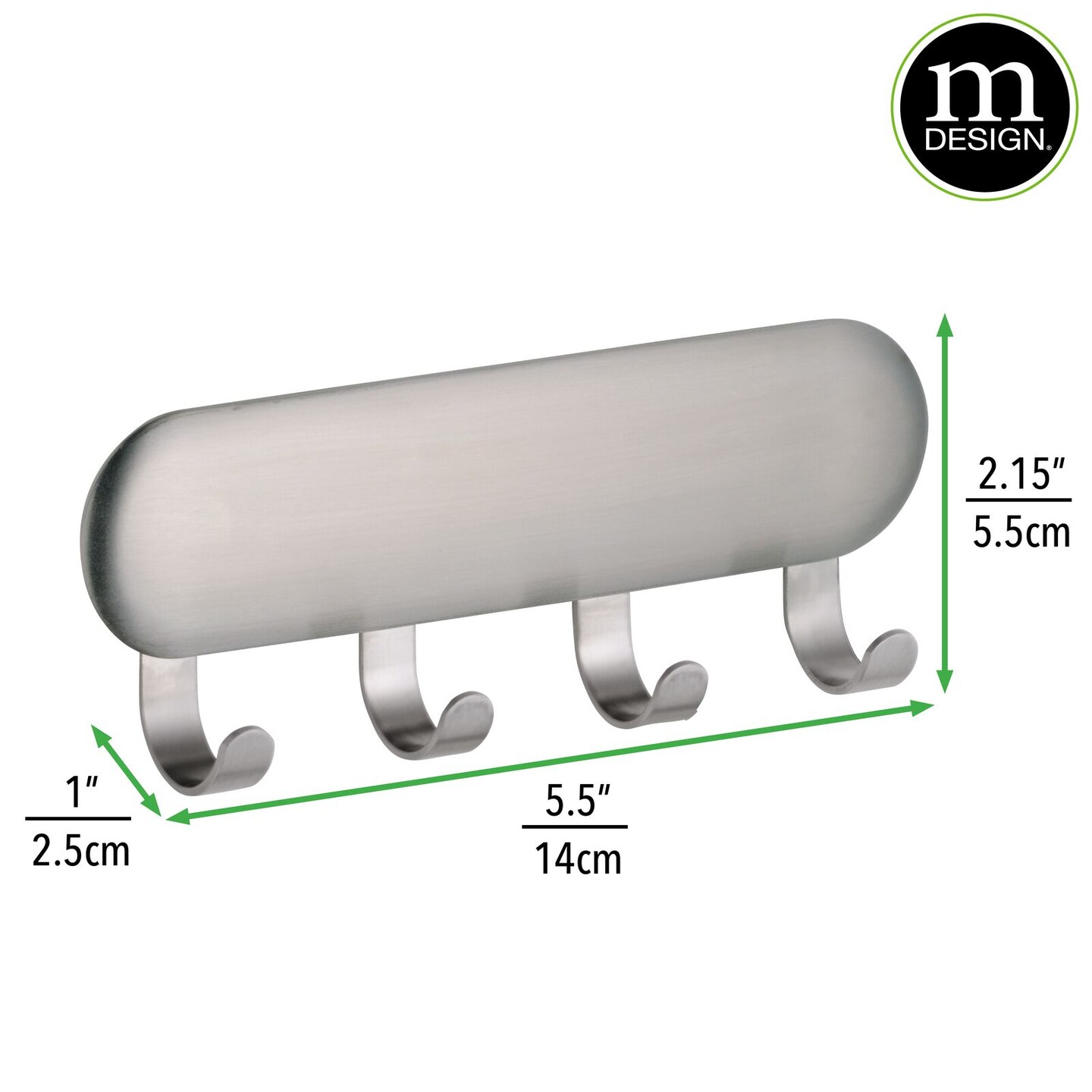 mDesign Metal Adhesive Wall Mount Key Rack Holder Organizer, 4 Hooks - Brushed