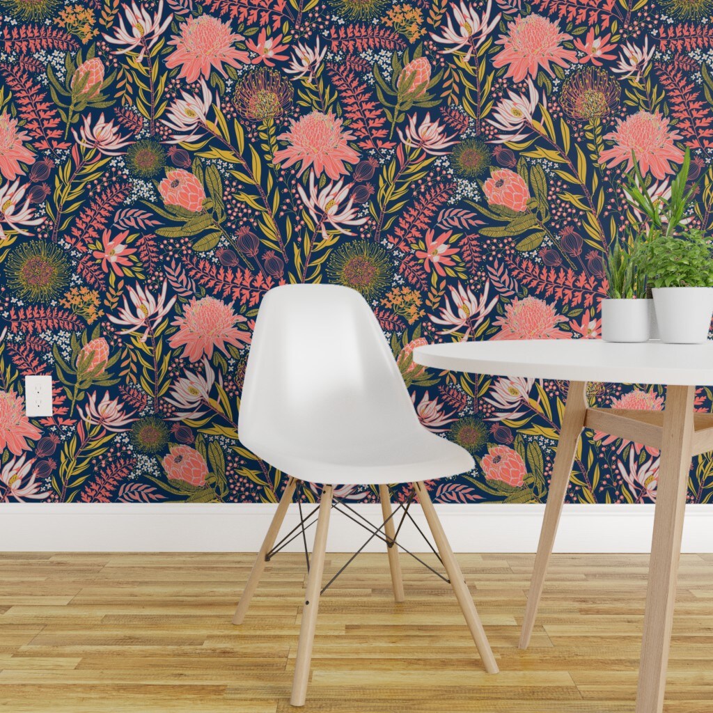 Peel &#x26; Stick Wallpaper 2FT Wide Coral Protea Hawaiian Flowers Tropical Florals Australian Navy Blush Mustard Custom Removable Wallpaper by Spoonflower