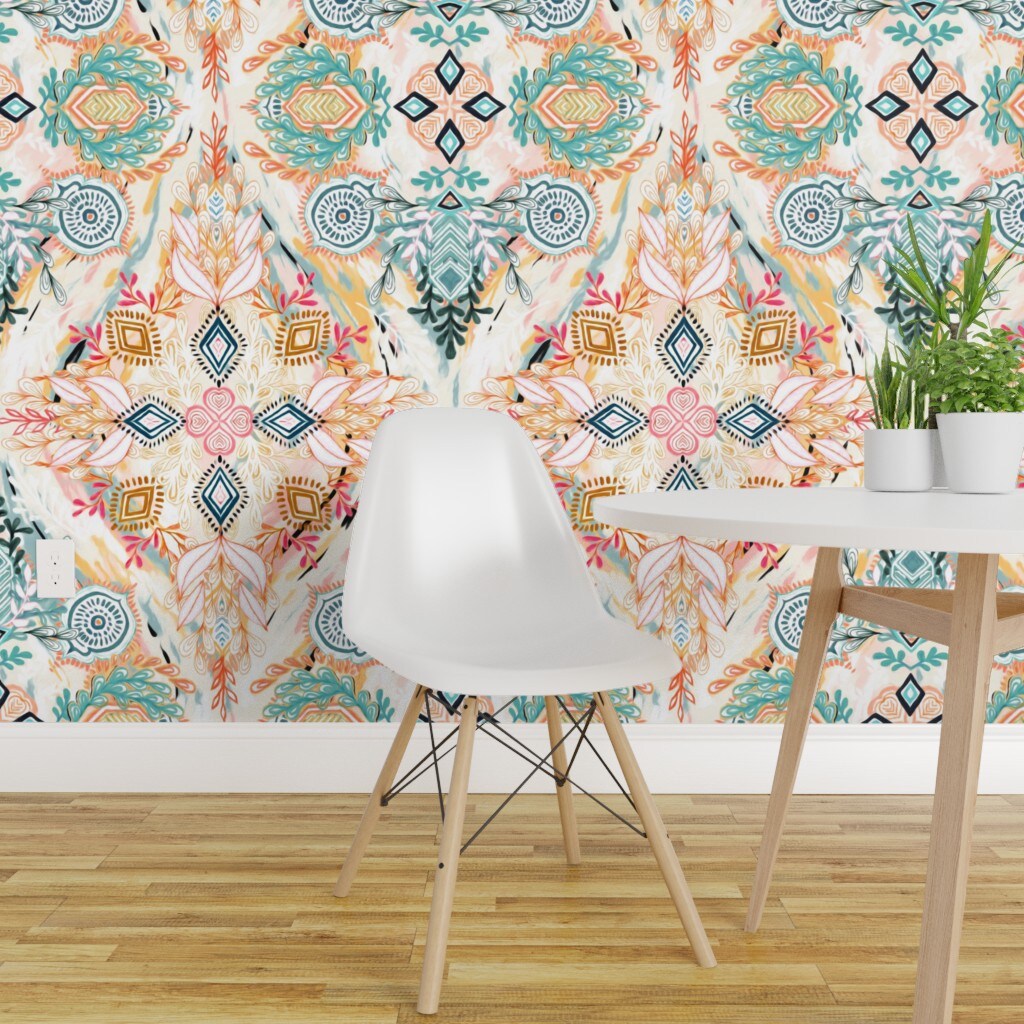 Pre-Pasted Wallpaper 2FT Wide Spring Small Print Painted Bohemian Diamond Boho Doodle Pastels Modern Custom Pre-pasted Wallpaper by Spoonflower