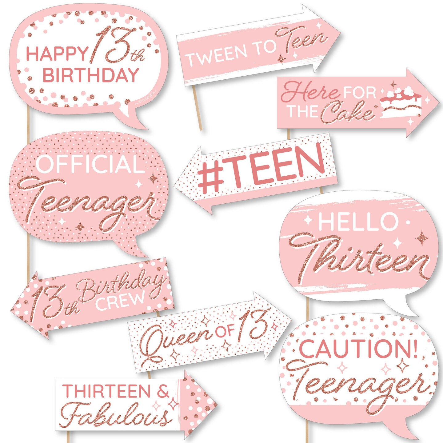 Big Dot of Happiness Funny 13th Pink Rose Gold Birthday - Happy Birthday Party Photo Booth Props Kit - 10 Piece