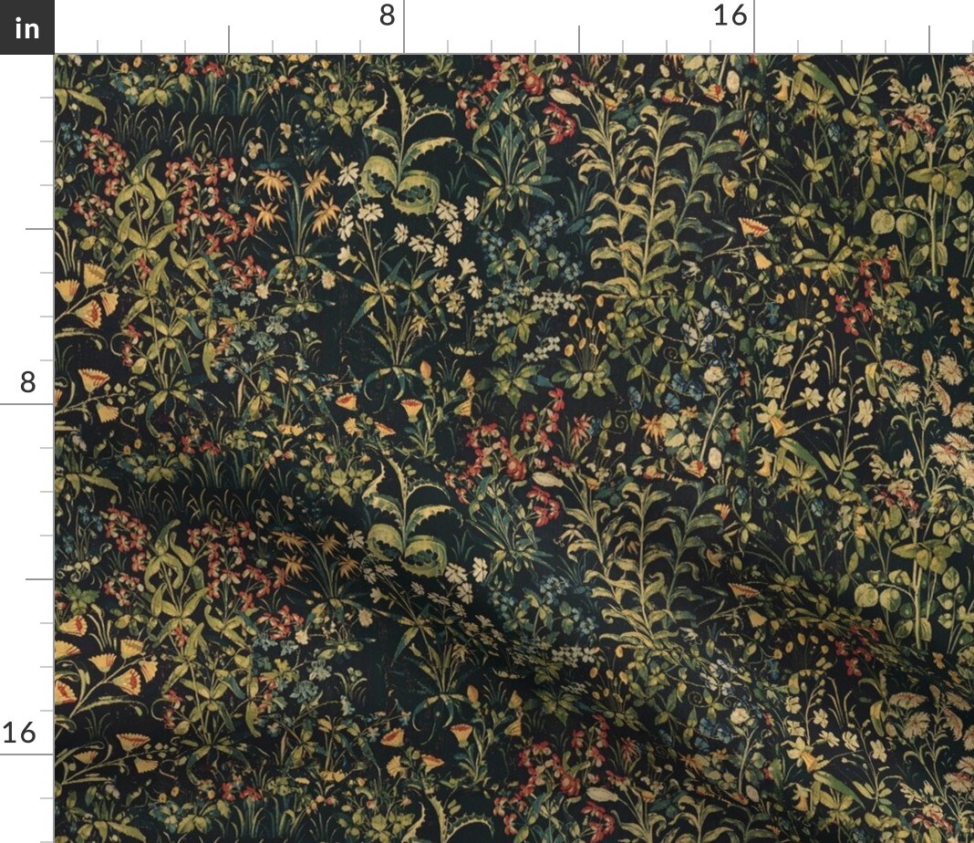 Unicorn Floral Spring Night Medieval Antique Garden Kitchen Castle Custom Printed Fabric by Spoonflower Various Fabrics by the Yard or Fat Quarter