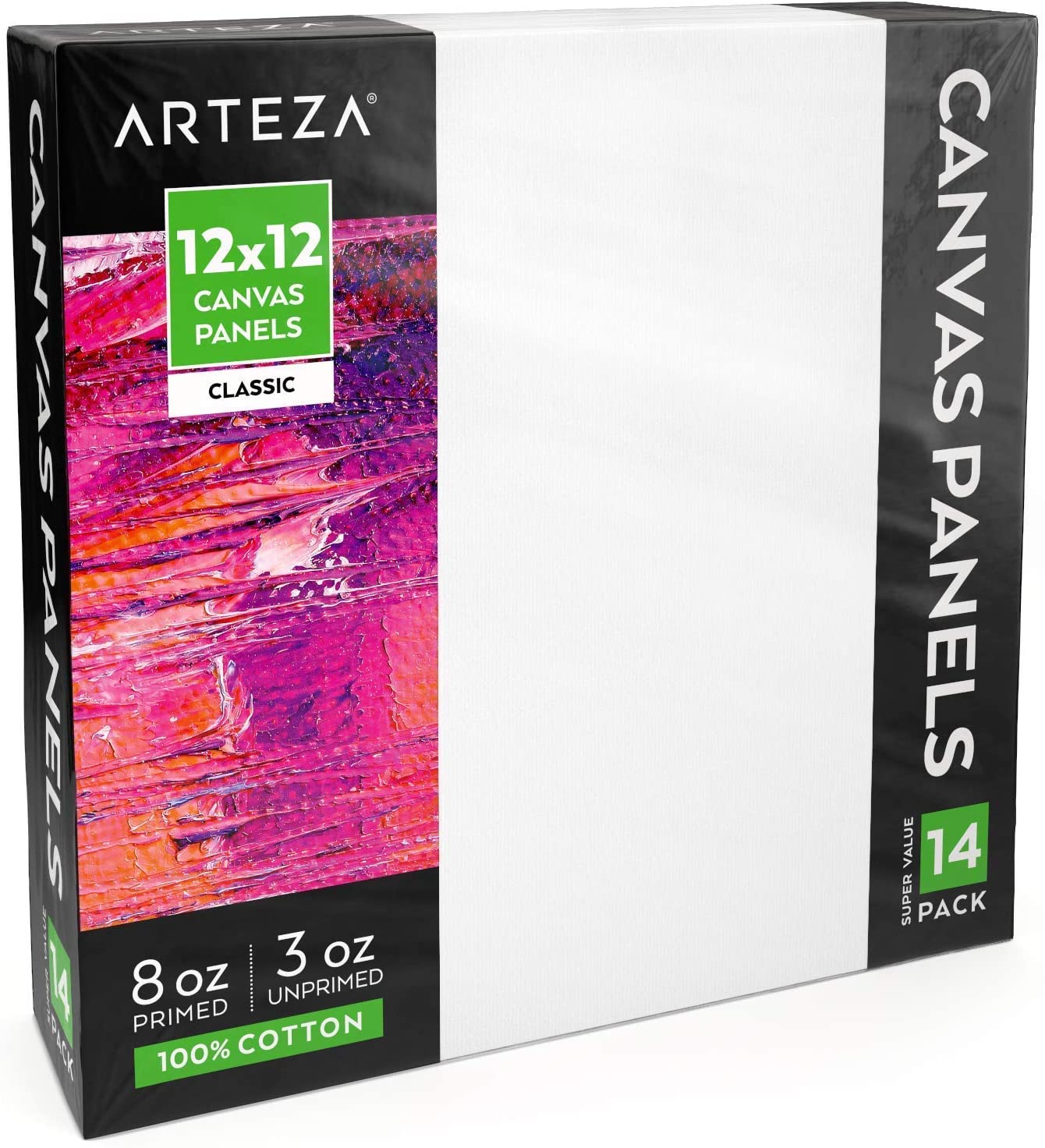 Arteza Canvas Panels, Classic, White, 12"x12", Blank Canvas Boards for Painting - 14 Pack