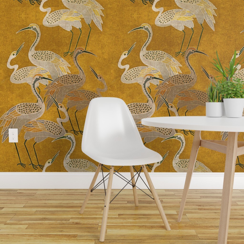 Peel &#x26; Stick Wallpaper 2FT Wide Maximalism Art Deco Birds Boho Hollywood Regency Crane Exotic Dramatic Glamour Vintage Inspired Large Scale Luxe Quirky Colorful Custom Removable Wallpaper by Spoonflower