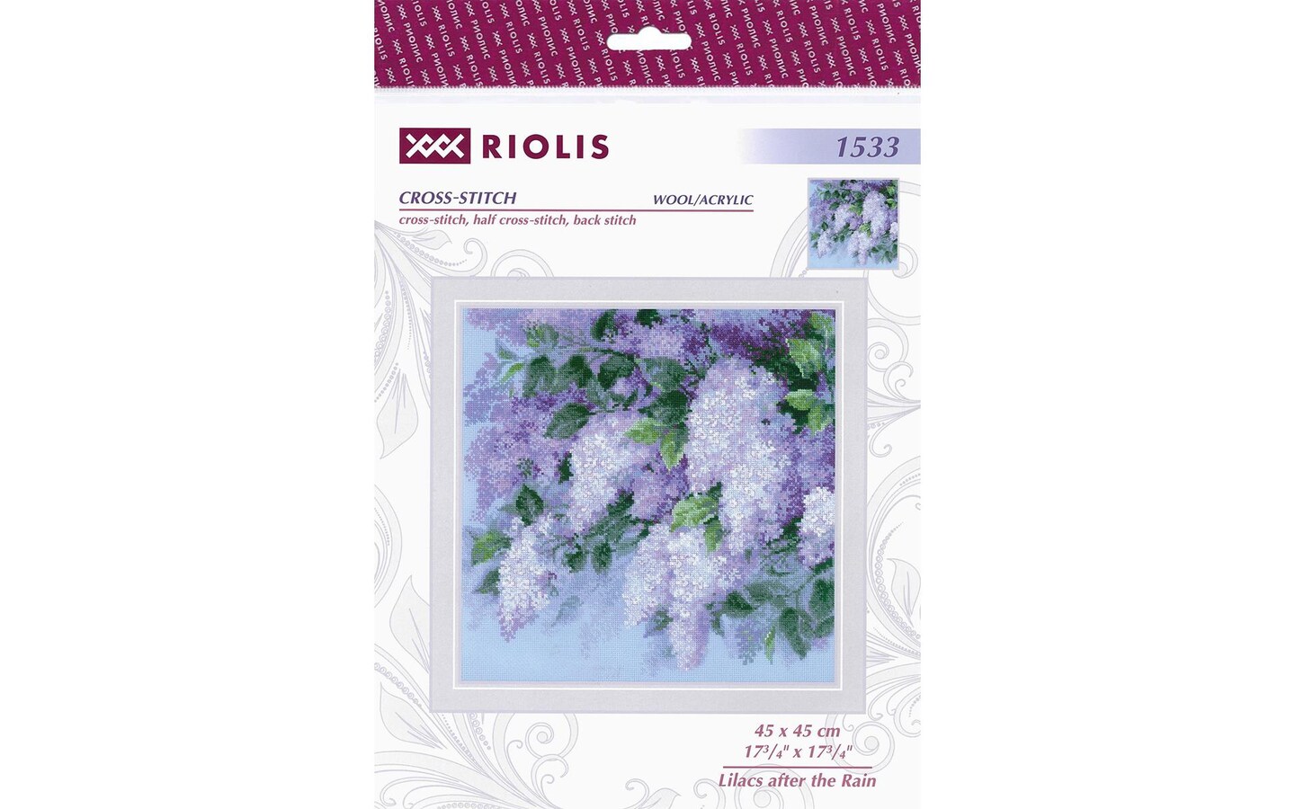 Riolis Cross Stitch Kit Lilacs After The Rain, 17 3/4&#x22; x 17 3/4&#x22; (45 x 45 cm), stranded cotton, cross-stitch, half cross-stitch, back stitch and combined colors, included all supplies