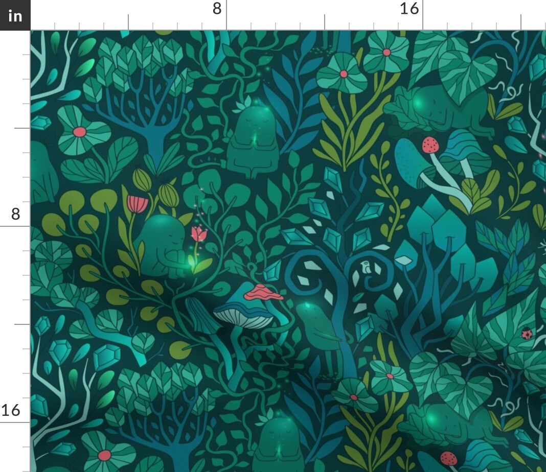 Emerald Forest Fairy Woodland Creatures Green Nature Trees Crystals Magical Mystical Custom Printed Fabric by Spoonflower Various Fabrics by the Yard or Fat Quarter
