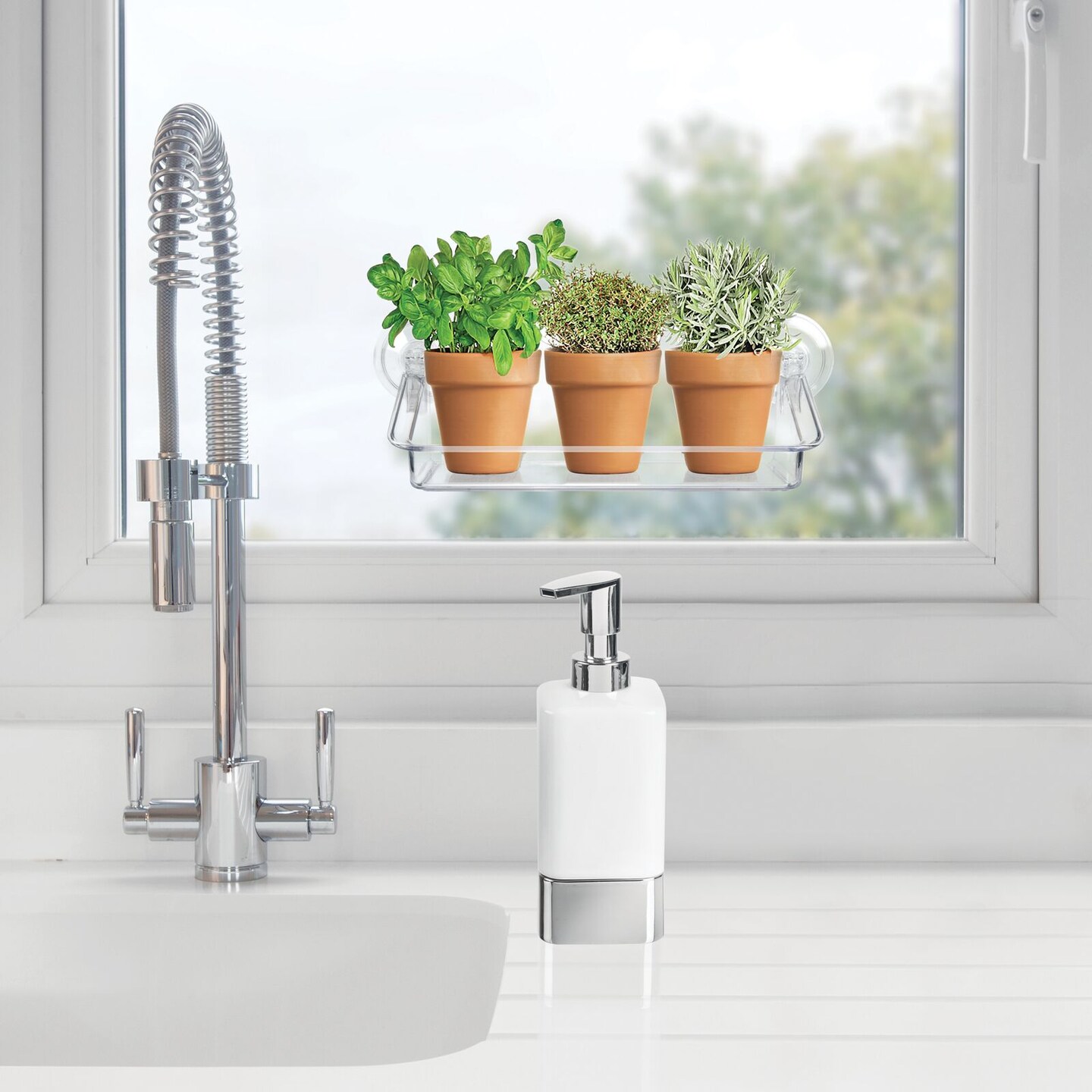 mDesign Plastic Suction Hanging Window Shelf for Home Storage, Small - Clear