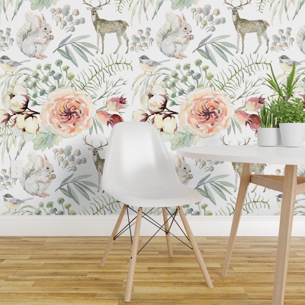 Peel & Stick Wallpaper 2FT Wide Winter Woodland White Floral Elegant Deer Forest Rabbit Snow Custom Removable Wallpaper by Spoonflower