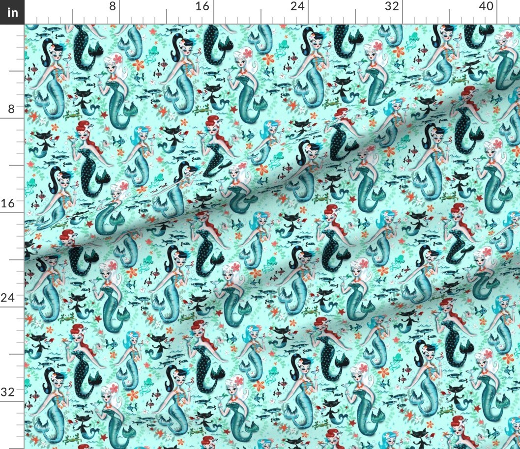 Various Fabrics by the Yard or Fat Quarter Midcentury Mod, Mermaids, Martini, Retro, Cocktail, Aqua, Cat, Starfish, Vintage, Kistch, Mod Custom Printed Fabric by Spoonflower