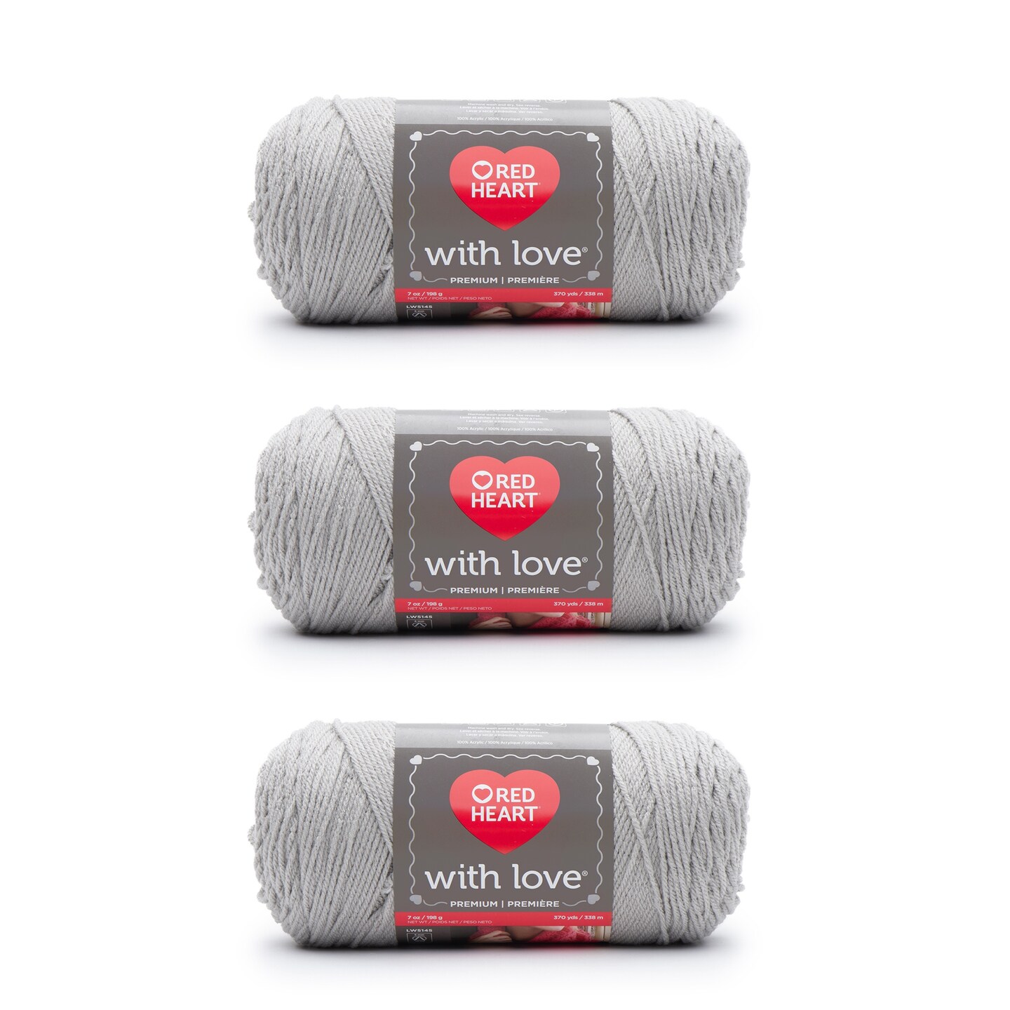 Red Heart With Love Light Gray Yarn - 3 Pack of 198g/7oz - Acrylic - 4 Medium (Worsted) - 370 Yards - Knitting/Crochet