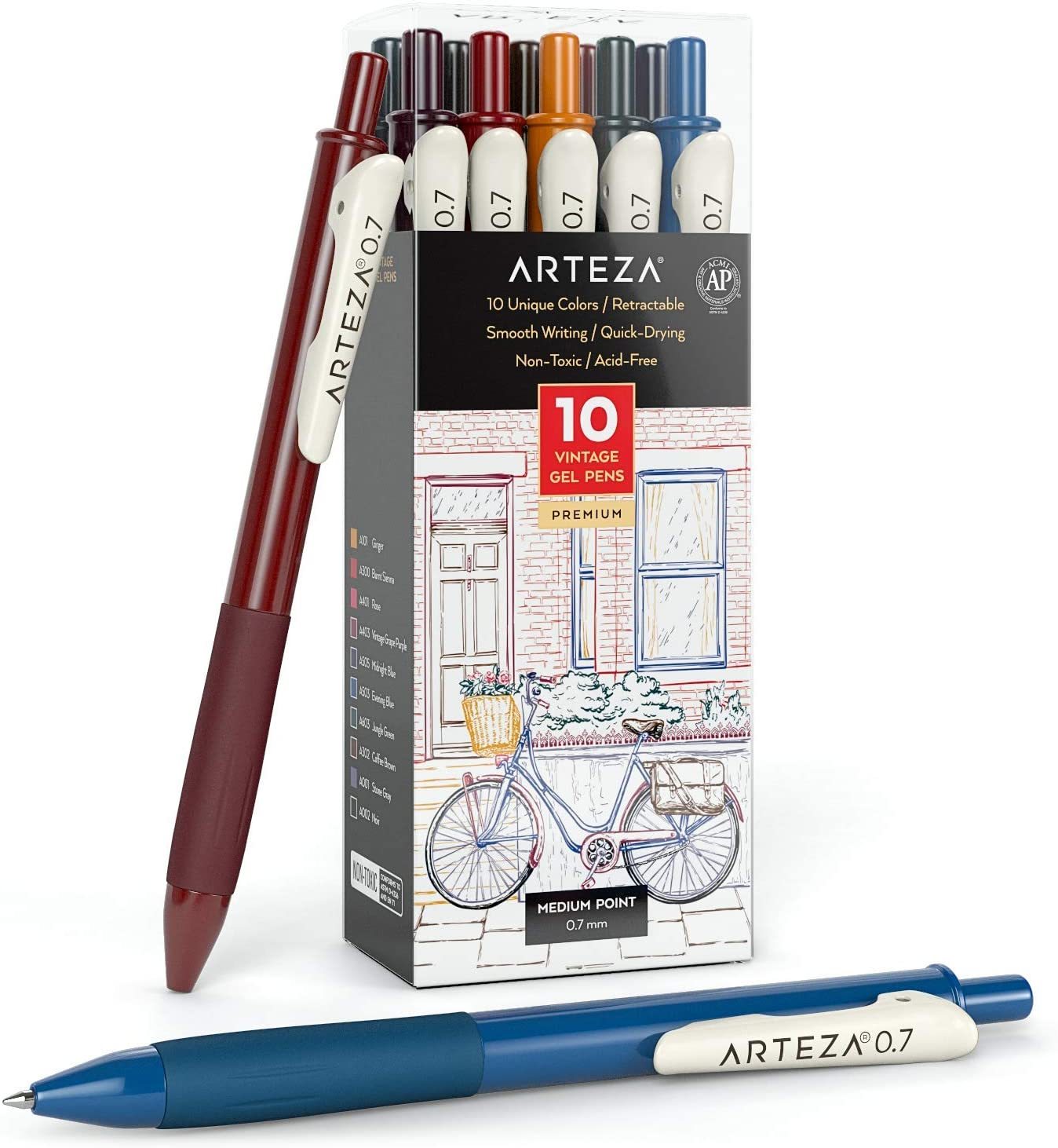 Arteza Retractable Gel Ink Colored Pens Set, Vintage Colors - Doodle, Draw,  Journal - 10 Pack