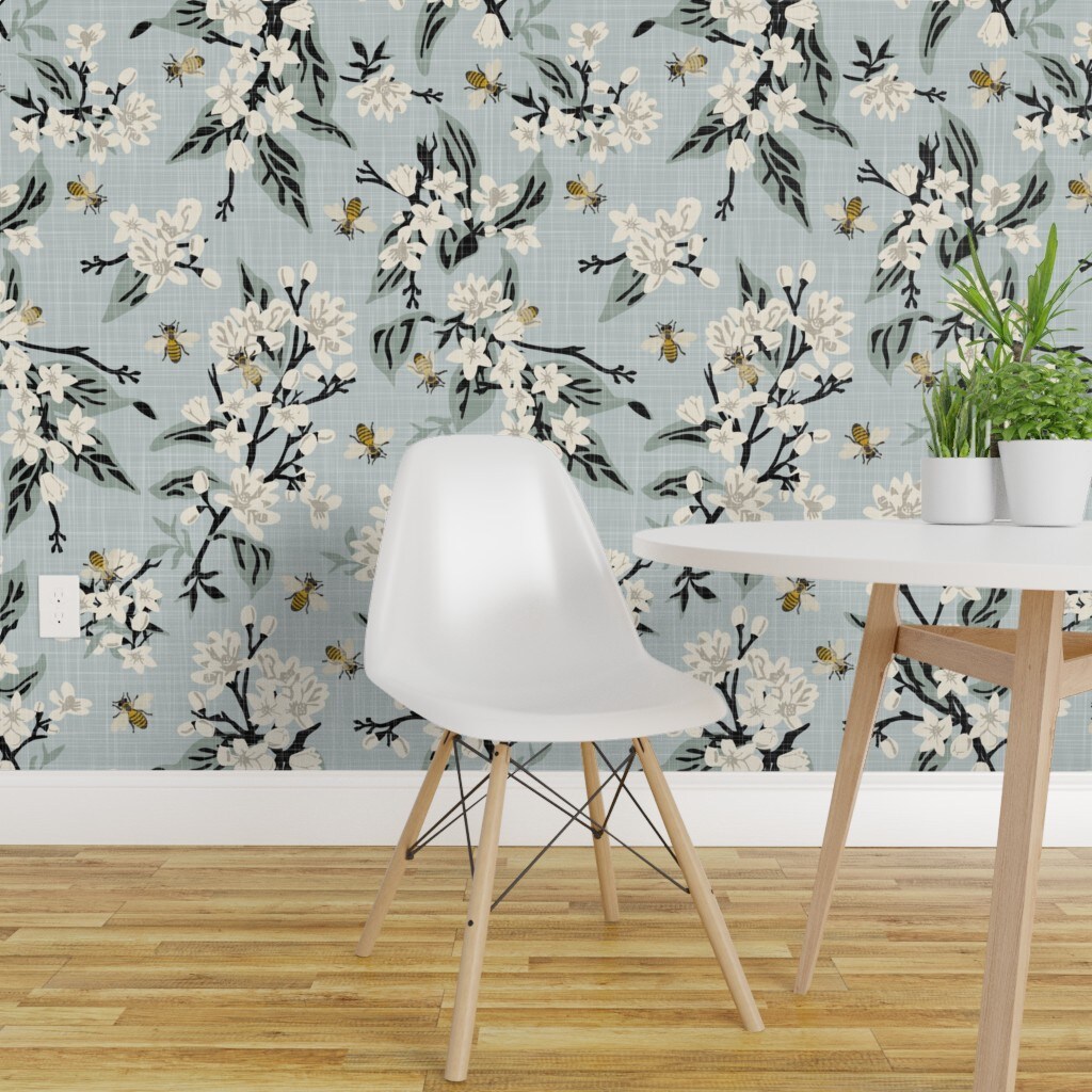 Pre Pasted Wallpaper 2ft Wide Flowers Bees Blue Black Floral Nature