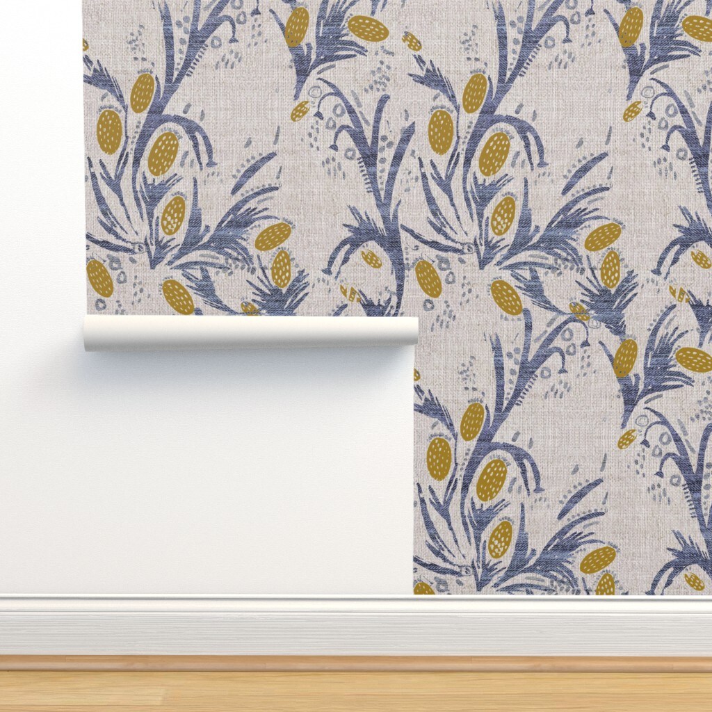 French Thistle Floral Flowers Leaf Boho Bohemian Botanical Nursery Kitchen Custom Removable Wallpaper by Spoonflower Peel & Stick Wallpaper 2FT Wide