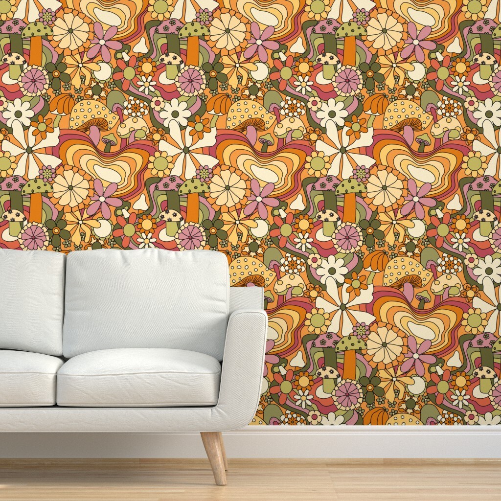 Peel &#x26; Stick Wallpaper 2FT Wide Retro Vintage Floral Retro Hippie Groovy 70S 60S Bohemian Boho Daisy Custom Removable Wallpaper by Spoonflower