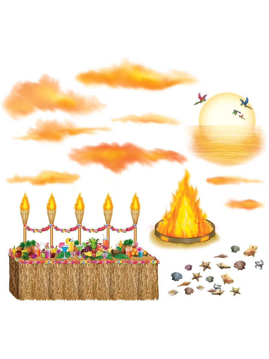 Hawaiian Luau Sunset Party Buffet And Fire Pit Wall Props Decoration