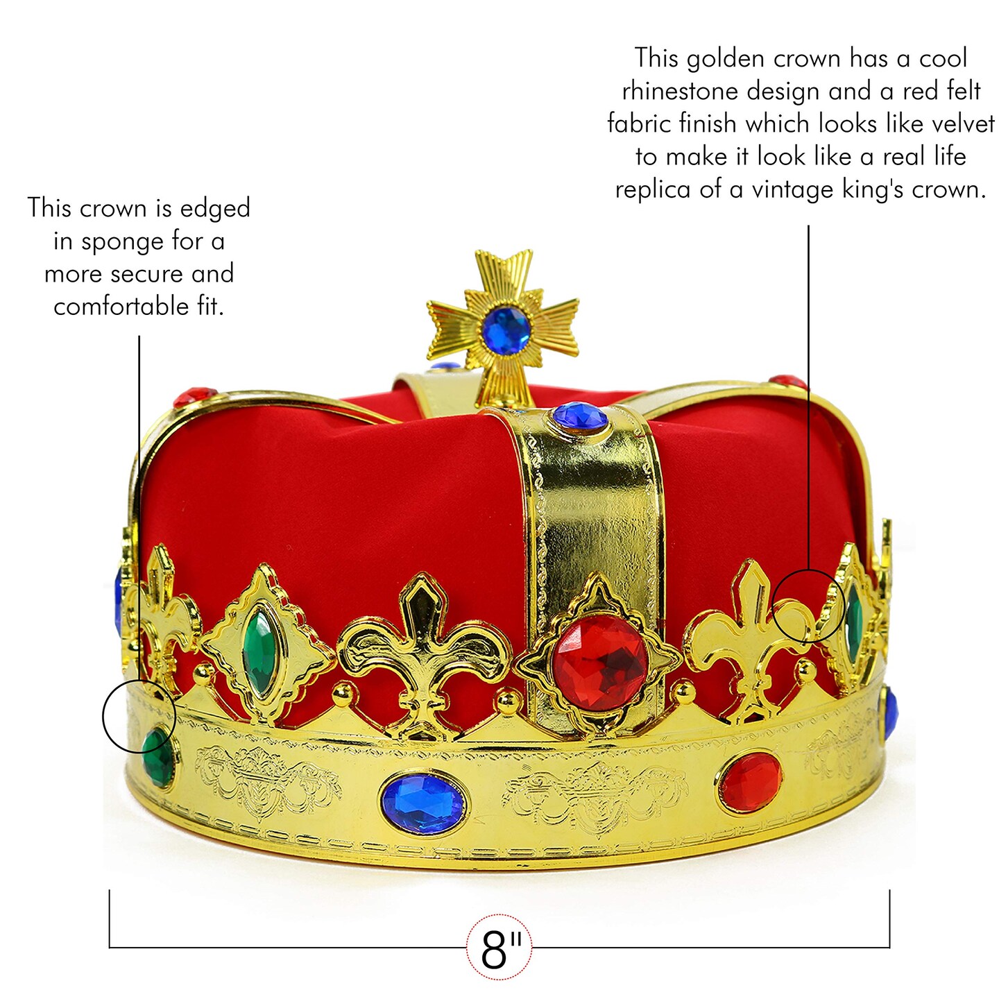 Regal Gold King Crown - Royal Red Felt Imperial Jeweled Mens and Womens Unisex Party Dress Up Accessory Crowns - 1 Piece