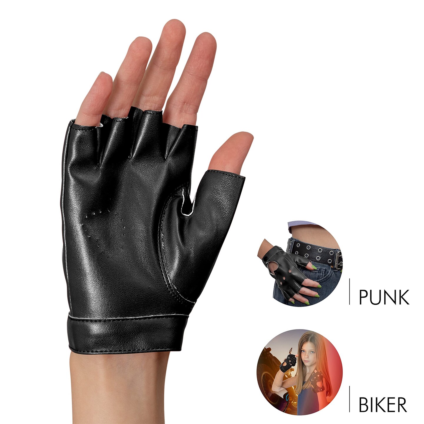 Fingerless Biker Jazz Gloves - 80s Style Gothic Black Faux Leather Punk Biker Gloves with Heart Cutout for Women and Kids