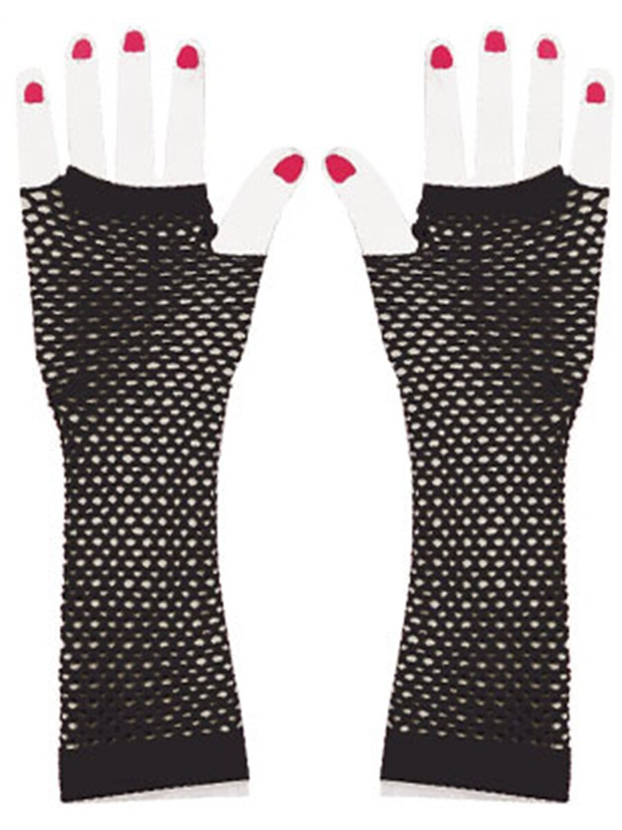Adults Black Glam Rock Fishnet Fingerless Costume Long Gloves