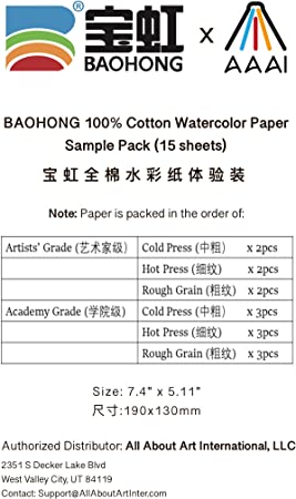 Baohong Watercolor Paper, 190x130mm Sample Pack, 100% Cotton, 140lb/300gsm, 15 Sheets (5xTextured Cold Press, 5xHot Press and 5xRough)