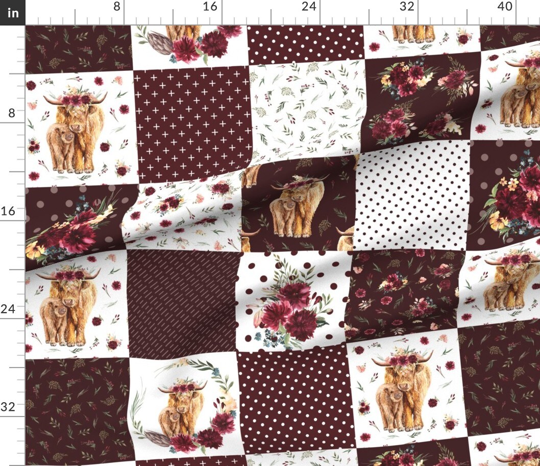 Highland Cow Scottish Shaggy Floral Baby Calf Cattle Custom Printed Fabric by Spoonflower Various Fabrics by the Yard or Fat Quarter