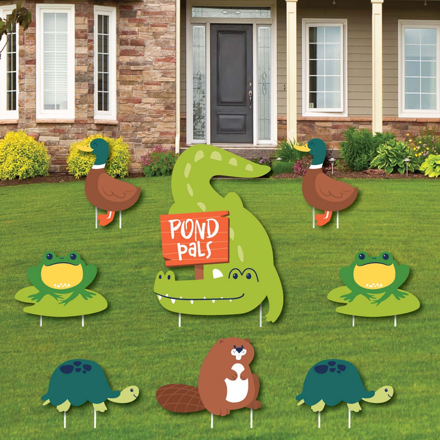Big Dot of Happiness Pond Pals - Yard Sign & Outdoor Lawn Decor - Frog, Alligator, Turtle, Beaver, Duck Birthday or Baby Shower Yard Signs - Set of 8