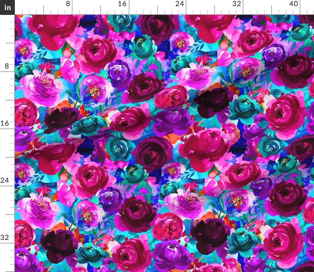 Various Fabrics by the Yard or Fat Quarter Boho Aqua Hot Pink Floral Flowers Purple Custom Printed Fabric by Spoonflower