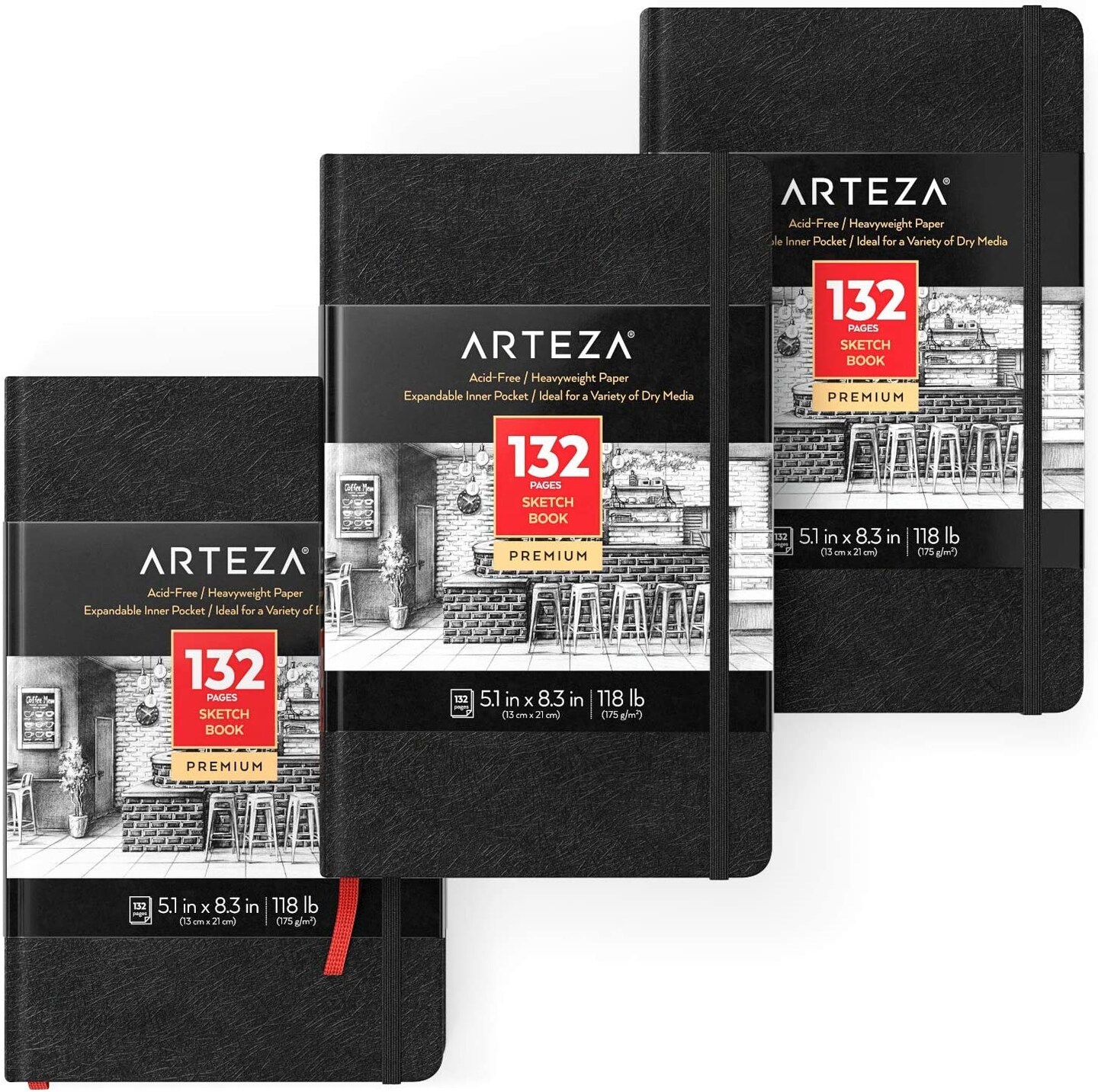 Arteza Black Sketchbook, 5.1x8.3", 132 Pages of Drawing Paper - 3 Pack