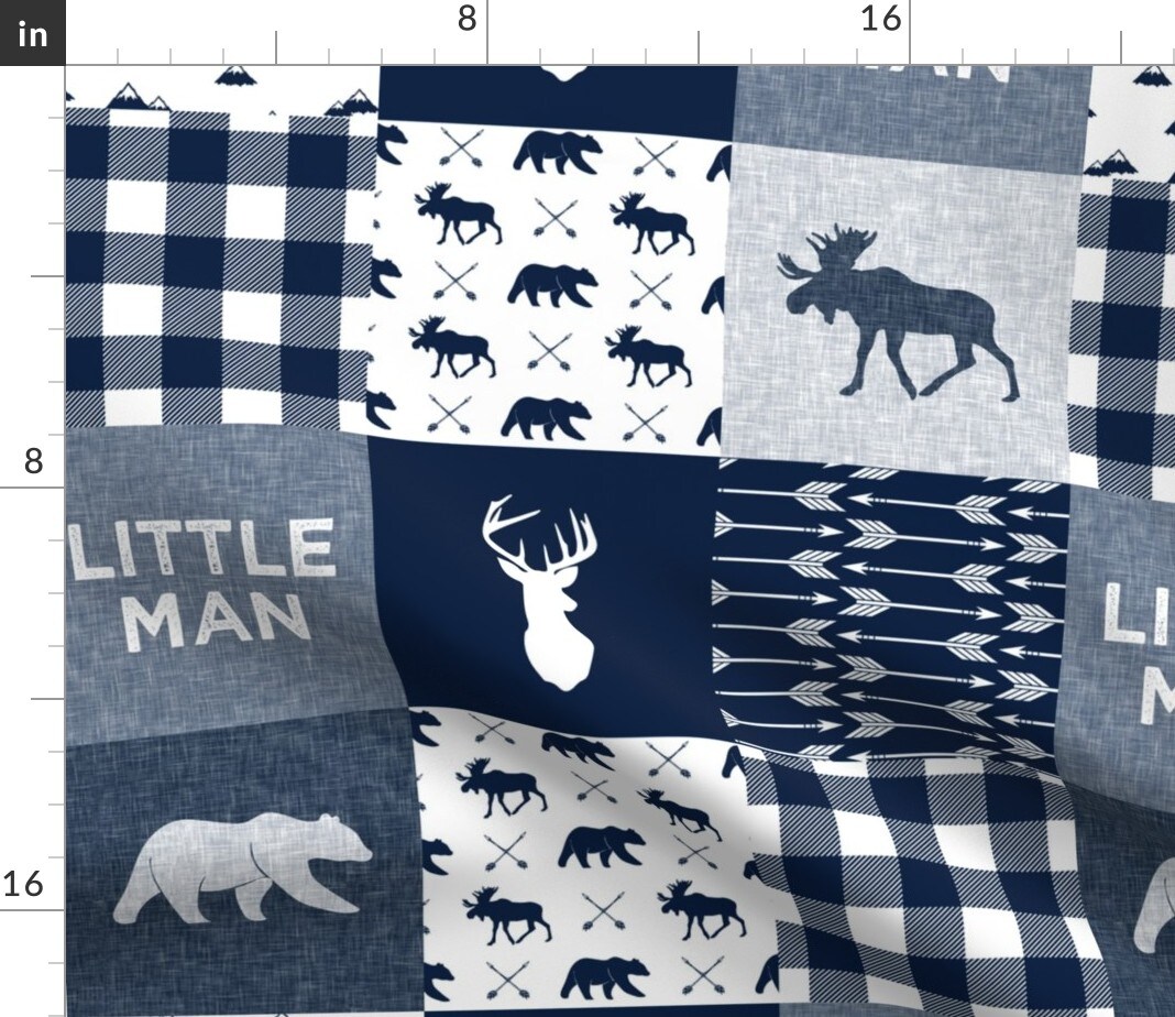 Navy Blue, Woodland, Bear, Moose, Deer, Mountain, Wholecloth, Cheater Quilt Top, Boy, Patchwork, Animals Custom Printed Fabric by Spoonflower Various Fabrics by the Yard or Fat Quarter