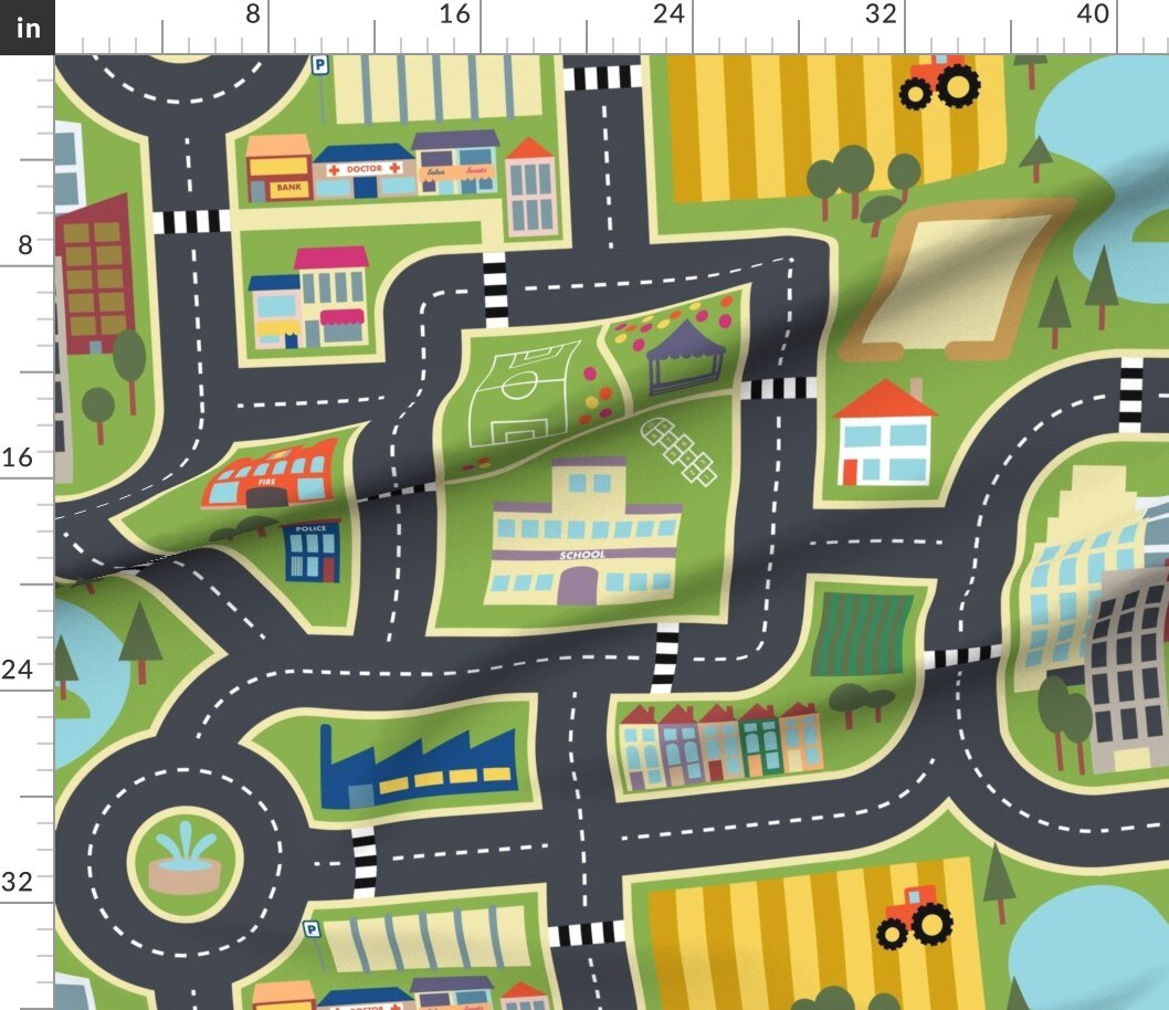 Various Fabrics by the Yard or Fat Quarter Town Playmat Print Nursery Map City Farm Cars Kids Children School Custom Printed Fabric by Spoonflower
