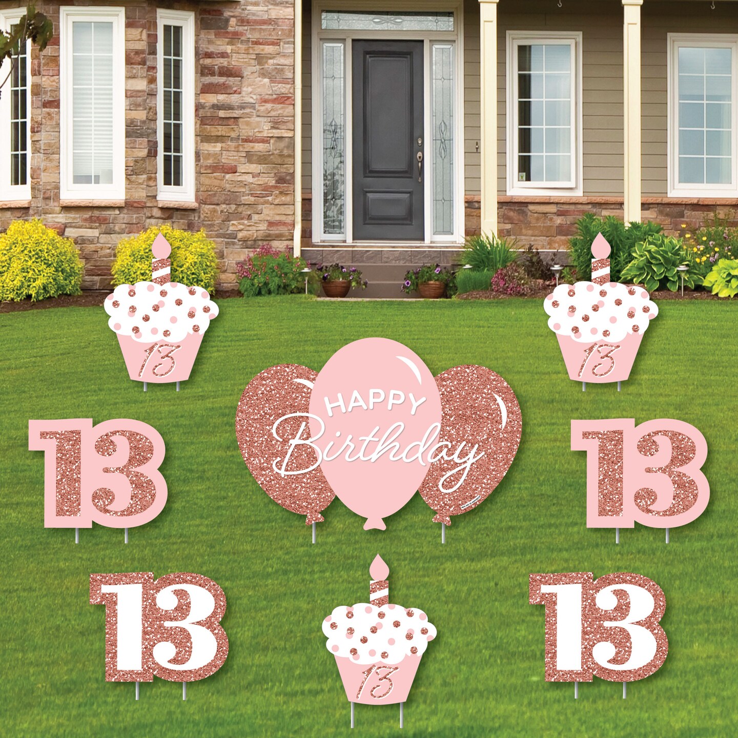 Big Dot of Happiness 13th Pink Rose Gold Birthday - Yard Sign and Outdoor Lawn Decorations - Happy Birthday Party Yard Signs - Set of 8