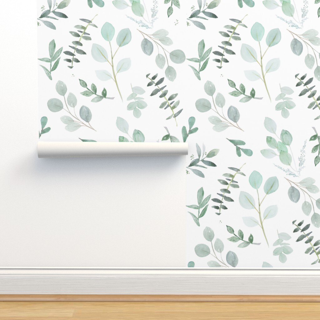 Eucalyptus Leaves Foliage Mint Green Watercolor Botanical Blue Watercolour Greenery Aquarelle Cool Tones Seeded Eucalyptus Custom Pre-pasted Wallpaper by Spoonflower Pre-Pasted Wallpaper 2FT Wide