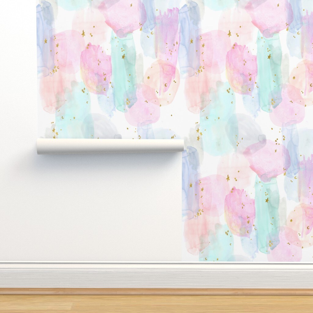 Rainbow Stars Watercolor Abstract Gold Pastel Girl Hippie Custom Removable Wallpaper by Spoonflower Peel & Stick Wallpaper 2FT Wide